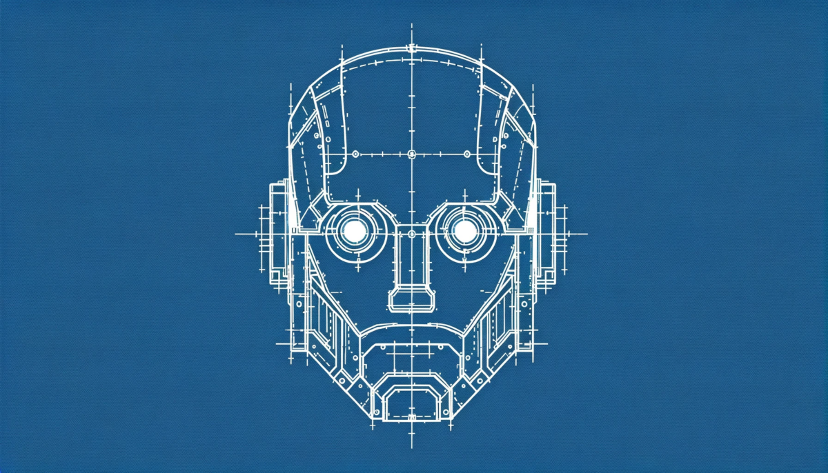 A simple technical AI illustration of a blueprint-style robot face against a uniform blue background.