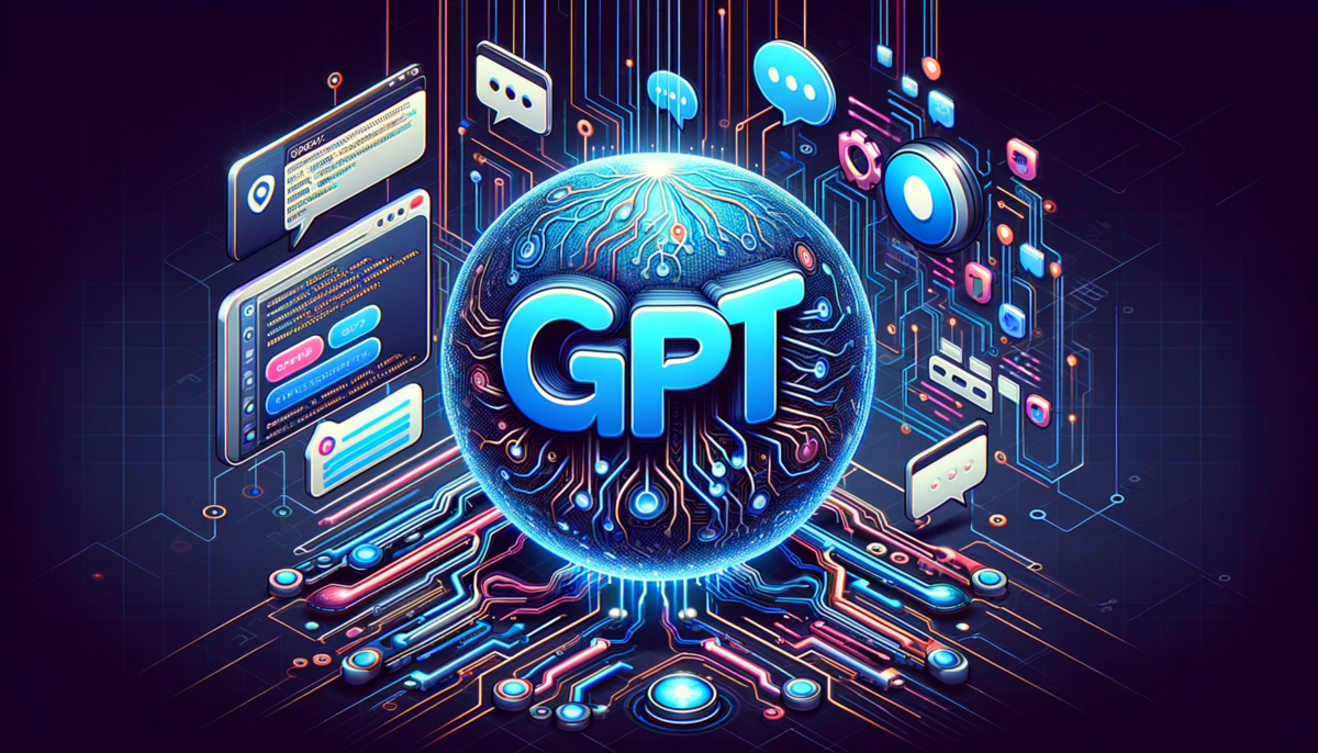 AI illustration with a circle in the center containing GPT, surrounded by interface elements.