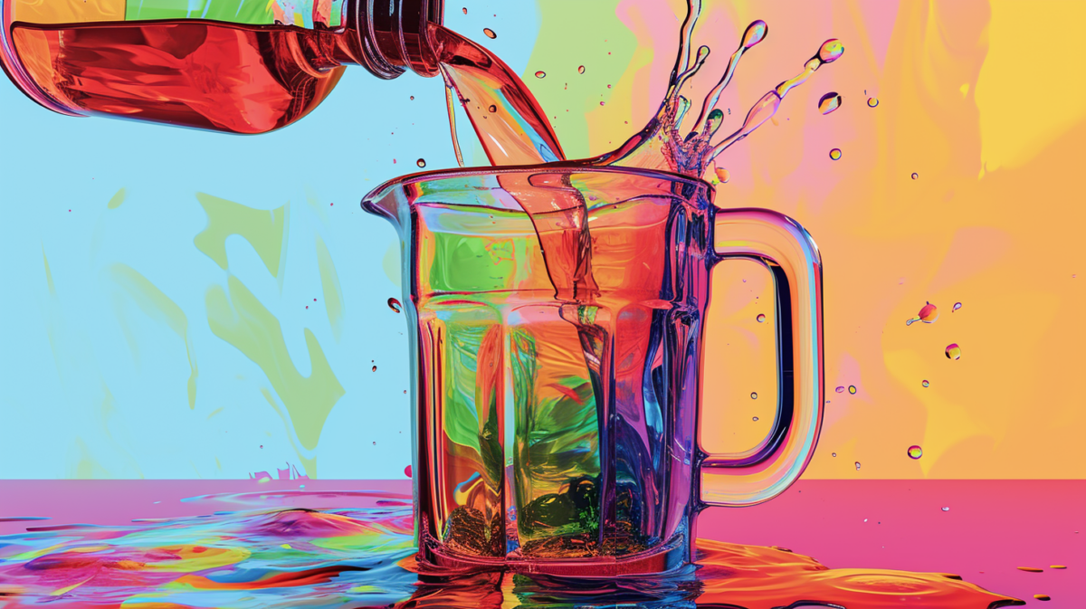 AI illustration of a vial of poison getting poured into a colorful blender.