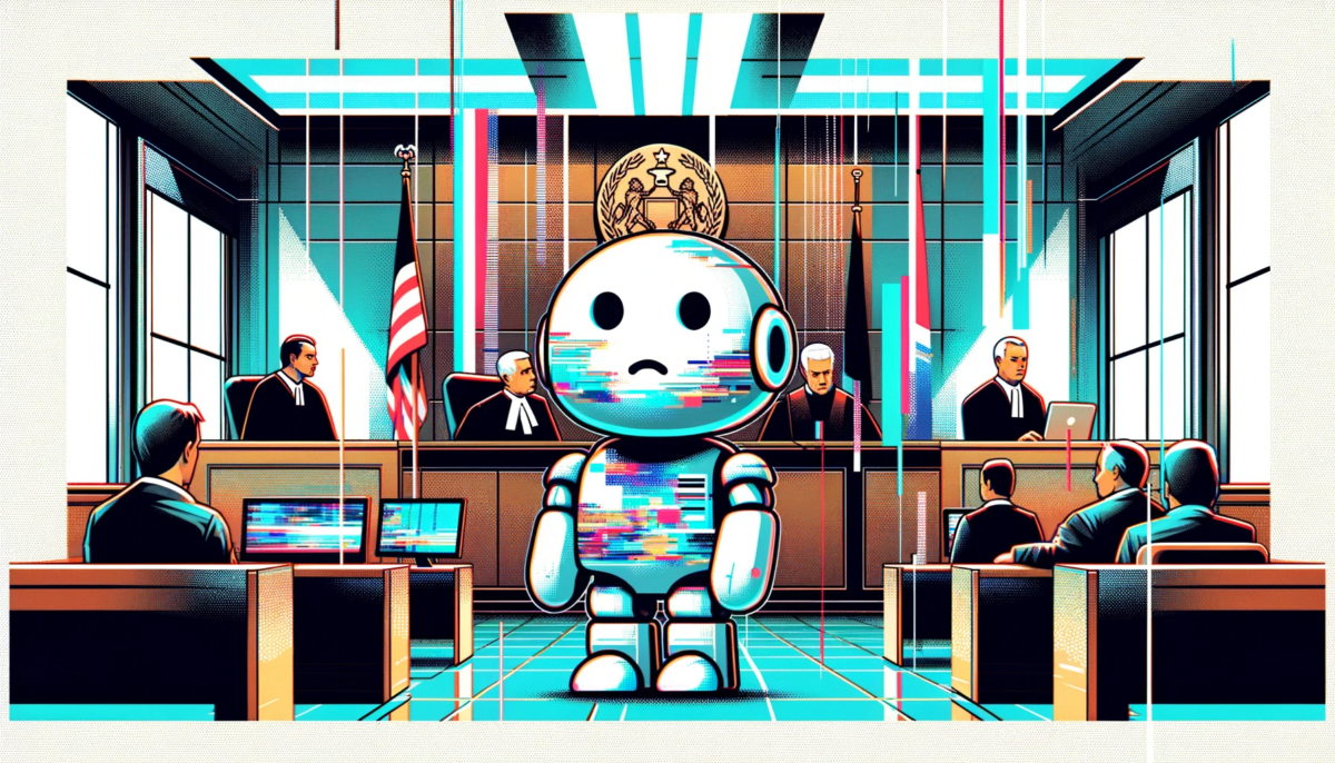 A 16:9 editorial-style illustration reminiscent of 'The Verge,' featuring a cute robot in a courtroom. The robot appears sad, symbolizing it losing a lawsuit. The setting includes a judge, a jury, and lawyers, all in a modern court environment. The art piece in question is displayed, showing a glitch aesthetic style, with abstract, digital-inspired patterns and colors. The courtroom is detailed, with a mix of traditional and futuristic elements, emphasizing the theme of technology and law.