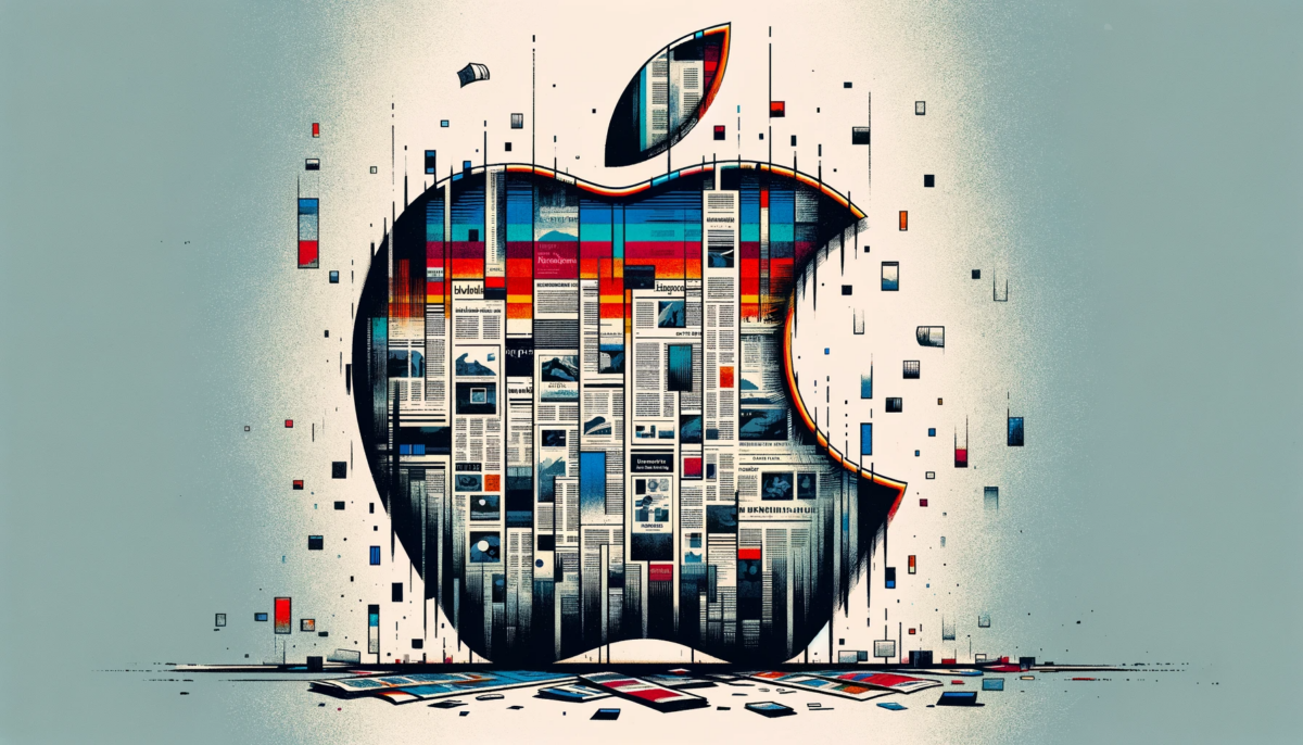 An editorial illustration in a hand-drawn style, depicting the Apple logo creatively constructed from newspapers. The logo is to be rendered with a glitch effect, giving it a distorted, digital malfunction appearance. The overall composition should capture the essence of a glitch art style, incorporating elements of digital noise, overlapping images, and color distortions. The background should complement this theme, possibly with more newspaper textures or abstract digital elements. The image should be in a 16:9 aspect ratio, suitable for editorial use.