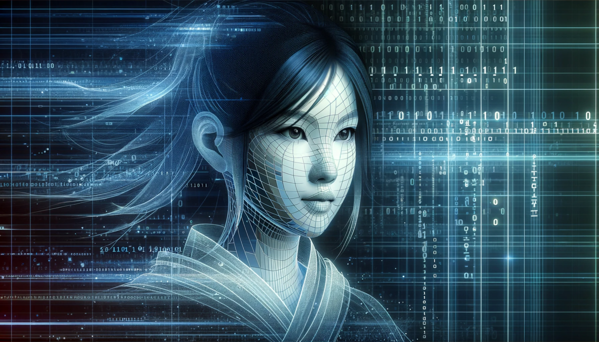 Widescreen photo of an advanced digital data stream, featuring a stylized, fictional character with Asian features subtly blended into the stream of binary code and technological patterns. The character is designed with generically Asian characteristics, representing a young girl in a high-tech, clean aesthetic scene. The design emphasizes a sophisticated digital environment, with the character merging seamlessly into the background, her silhouette and attire delicately interwoven with the digital elements.