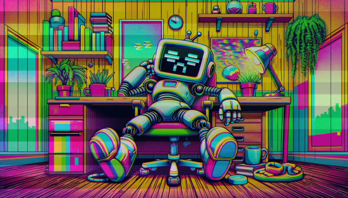 A whimsical, glitchy widescreen illustration of a robot personified as lazy and sleepy, in a vibrant home environment, capturing the style of the first image. The robot is in full body view, sitting at a desk with its feet on the table, slumped over in a relaxed pose, with droopy digital eyes and a yawning expression. The robot and background have digital glitch effects, appearing distorted or pixelated. The background includes a quirky bookshelf and fun decorations, all with glitchy effects. The entire scene fills the canvas without borders, emphasizing a playful and laid-back atmosphere.