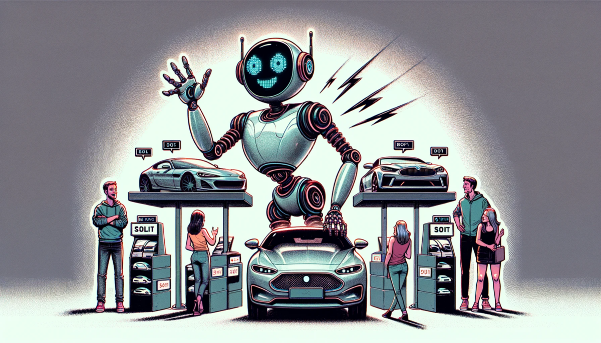 A hand-drawn 16:9 illustration. The scene features a 'crazy' chatbot, characterized by an eccentric robotic figure with a wildly animated posture and an exaggerated expression, selling shiny new cars to customers. Each car, sleek and modern, has a price tag of just one dollar. The customers are a mix of individuals, each showing different reactions ranging from astonishment to eagerness. The setting is futuristic and tech-oriented, with subtle glitch effects sprinkled throughout to give a sense of the chatbot's quirky nature.