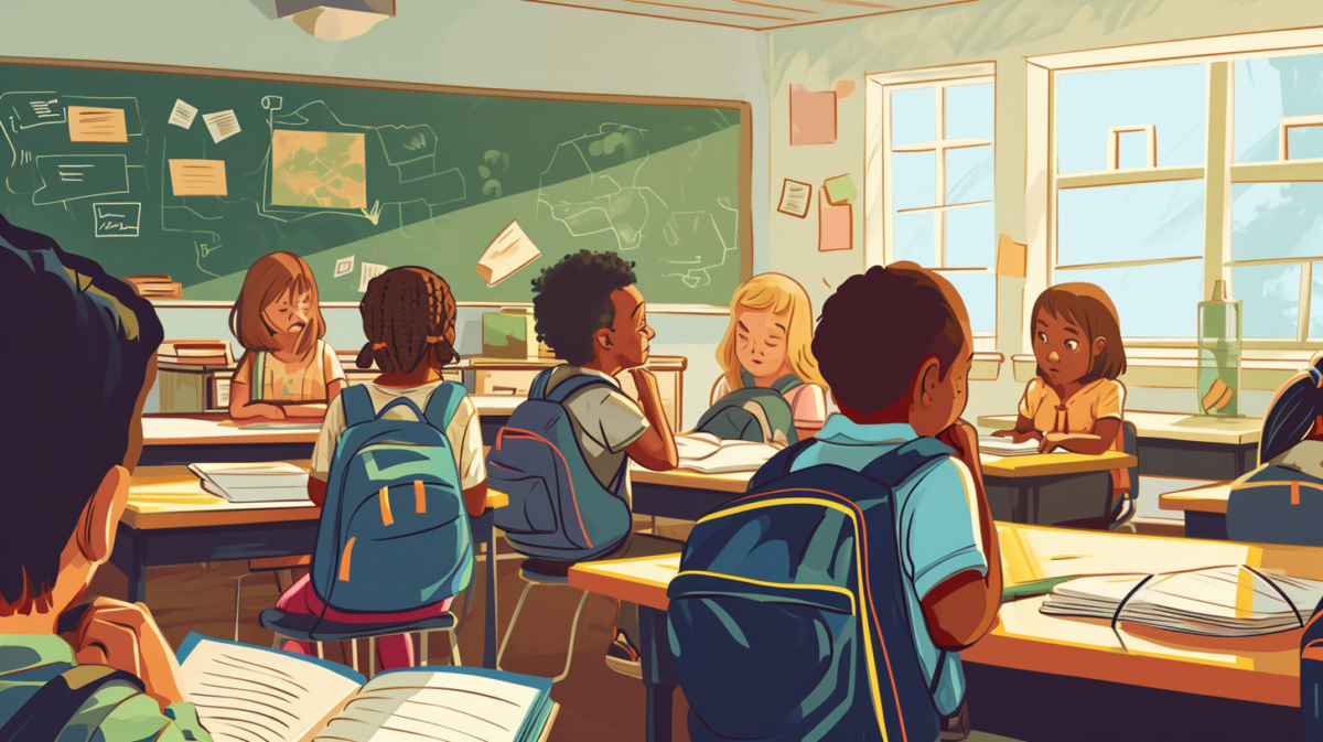 AI illustration of children learning in a classroom.