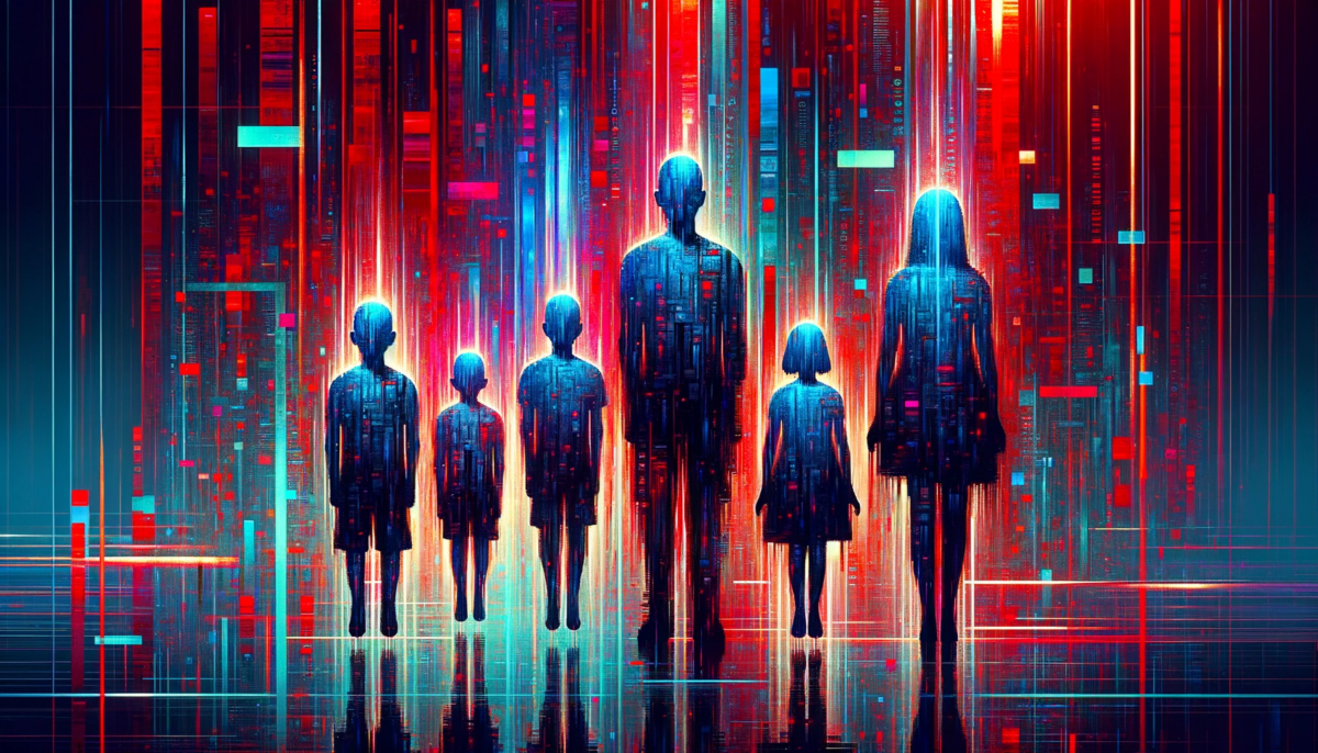 An abstract digital art piece showcasing a variety of larger silhouetted figures representing children and teenagers, depicted in a highly stylized, silhouette form. The figures are deliberately oversized and dominate the canvas, emphasizing their presence within an AI training dataset. The background zooms further into the vibrant red and blue digital glitch patterns, with dense vertical streaks symbolizing streams of data and signal noise. Each figure is reduced to its most basic, recognizable shape, lacking detail but clearly suggestive of youth. Around them, digital identifiers and tags float with a subtle glow, against the reflective surface that's intricately patterned with binary code, creating a powerful visual metaphor for the digital age.