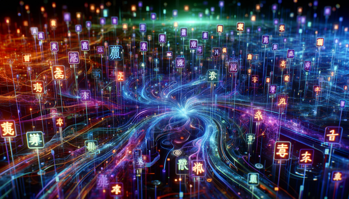 An abstract visualization of a data stream, containing Chinese tokens, flowing dynamically in a digital environment. The scene showcases a vivid, intricate network of lines and nodes, symbolizing data transfer and processing. Within this network, numerous Chinese characters (tokens) are prominently featured, each glowing and floating along the data stream. The background is a futuristic digital landscape, with hints of Chinese cultural elements subtly integrated. The overall color palette is rich and vibrant, with electric blues, neon greens, and deep purples, creating a sense of advanced technology and data flow. This image represents the concept of a large language model being trained on a dataset with Chinese tokens, visualizing the complexity and scale of the data involved