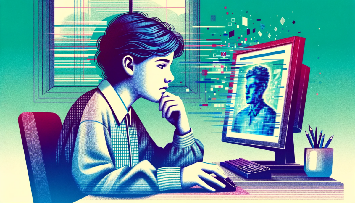 An editorial-style illustration similar to the previous one, but with a slight glitch vibe added. The teenage girl still appears looking skeptically at an image on a computer screen. This time, the illustration incorporates elements of digital glitch or distortion, adding an abstract, slightly surreal layer to the scene. The glitch effect subtly warps parts of the image, creating a sense of digital interference or corruption. This artistic choice enhances the theme of digital curiosity and skepticism, adding a more dynamic and contemporary feel to the illustration, while maintaining the vibrant, futuristic aesthetic of the original design.