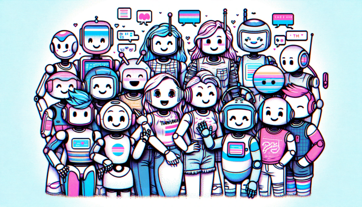 A hand-drawn 16:9 editorial illustration featuring only chatbots, with no human figures. These chatbots represent a diverse range, including transgender identities. The chatbots are depicted in a friendly and harmonious setting, interacting with each other happily. The illustration should have a slight glitch vibe, adding a digital, tech-inspired feel to the image. Each chatbot has unique design features that showcase diversity, and the overall atmosphere is cheerful and welcoming, emphasizing acceptance and camaraderie among different types of chatbots.