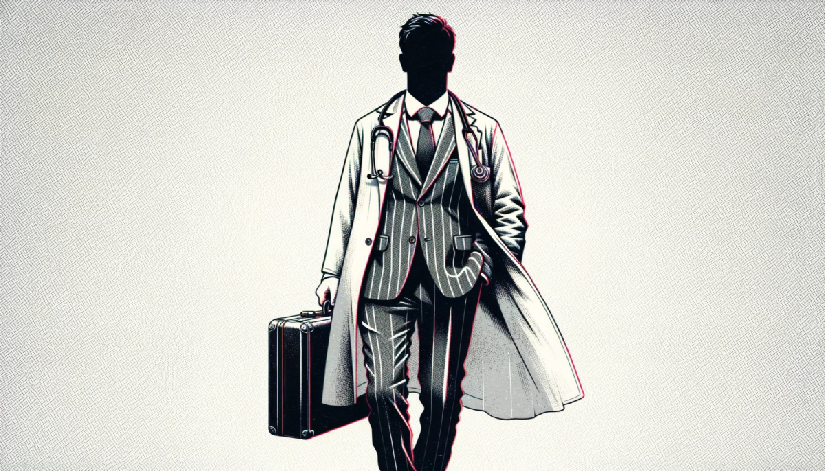 A 16:9 hand-drawn illustration. The image features a businessman, clad in a sharp suit, carrying a suitcase. However, this businessman is ingeniously disguised as a doctor, complete with a white coat, stethoscope around his neck, and a confident yet slightly mysterious demeanor. To add a twist, the illustration has a very subtle glitch effect, suggesting a digital or surreal distortion in the businessman-doctor's appearance. This effect should be minimal but noticeable, creating an intriguing and thought-provoking visual.