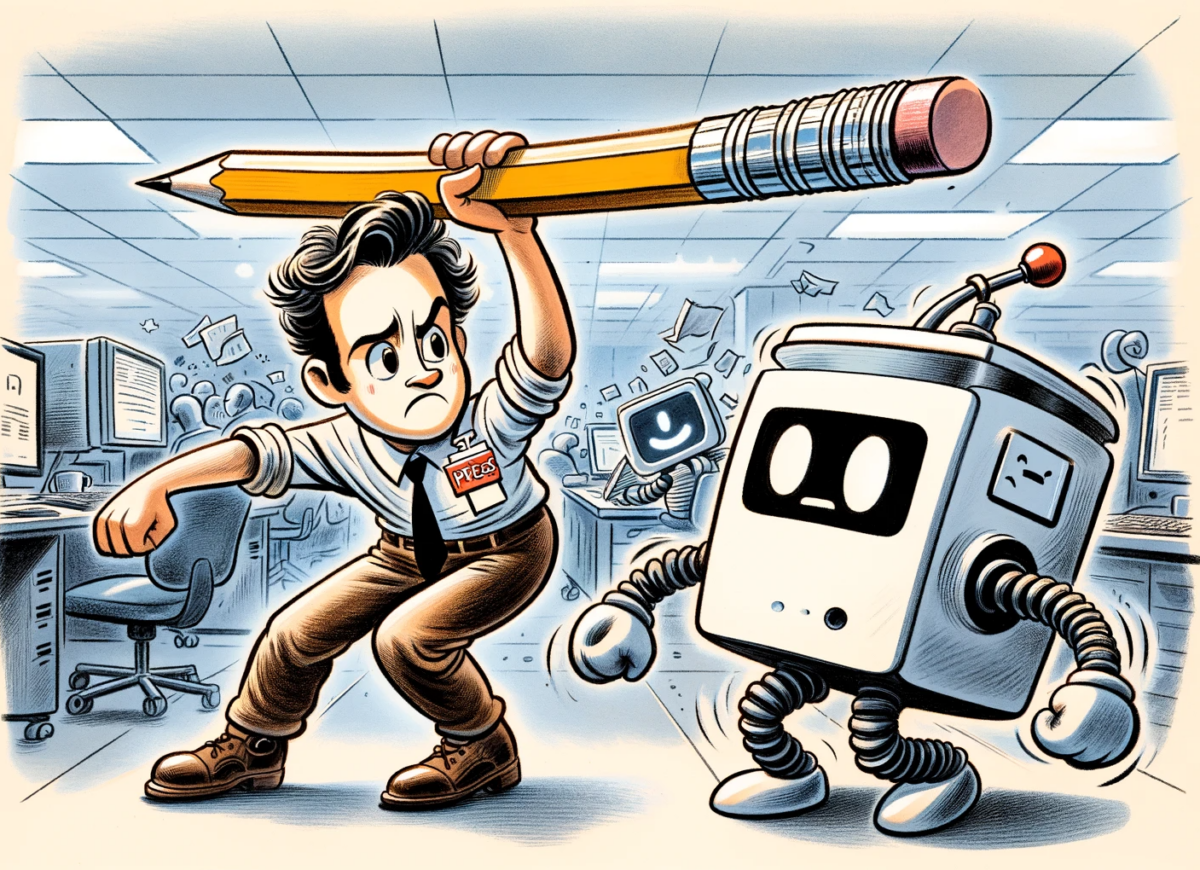 A hand-drawn editorial illustration, depicting a metaphorical scene where a journalist is playfully "battling" a chatbot. The journalist, wearing typical press attire with a press badge, is wielding an oversized pencil like a sword. The chatbot is represented as a whimsical, cartoonish robot with a screen displaying chat bubbles. They are in a modern office environment, with computers and other journalistic paraphernalia around them. The illustration has a dynamic, slightly exaggerated comic style, typical of editorial cartoons, to convey the metaphorical 'battle' between journalism and technology in a light-hearted way.
