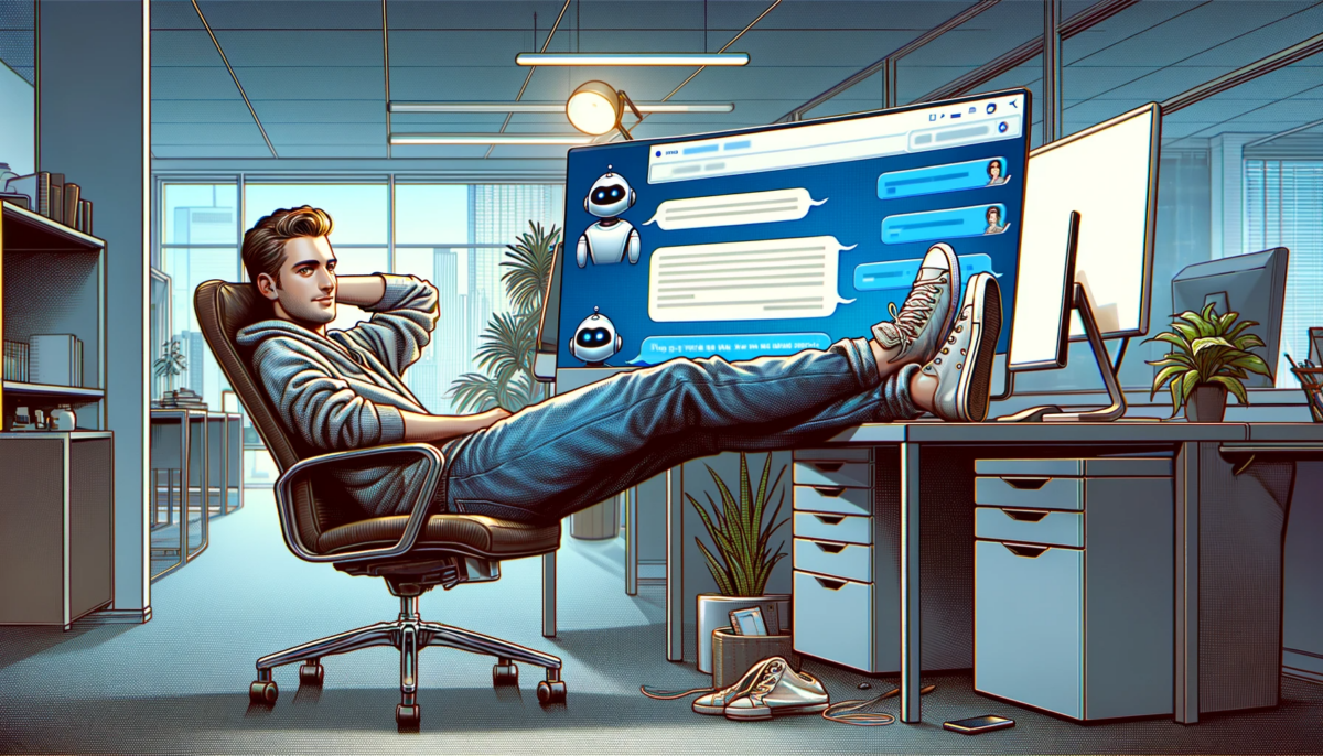 A 16:9 editorial style illustration. It depicts a man, casually dressed, lounging with his feet up on a desk in an office environment. He looks relaxed and slightly amused, embodying a lazy attitude. On his desk, there's a computer monitor displaying an active chatbot interface, with text bubbles showing the chatbot engaging in writing or conversation. The room is modern and tech-oriented, with sleek furniture and ambient lighting that reflects a contemporary workspace.
