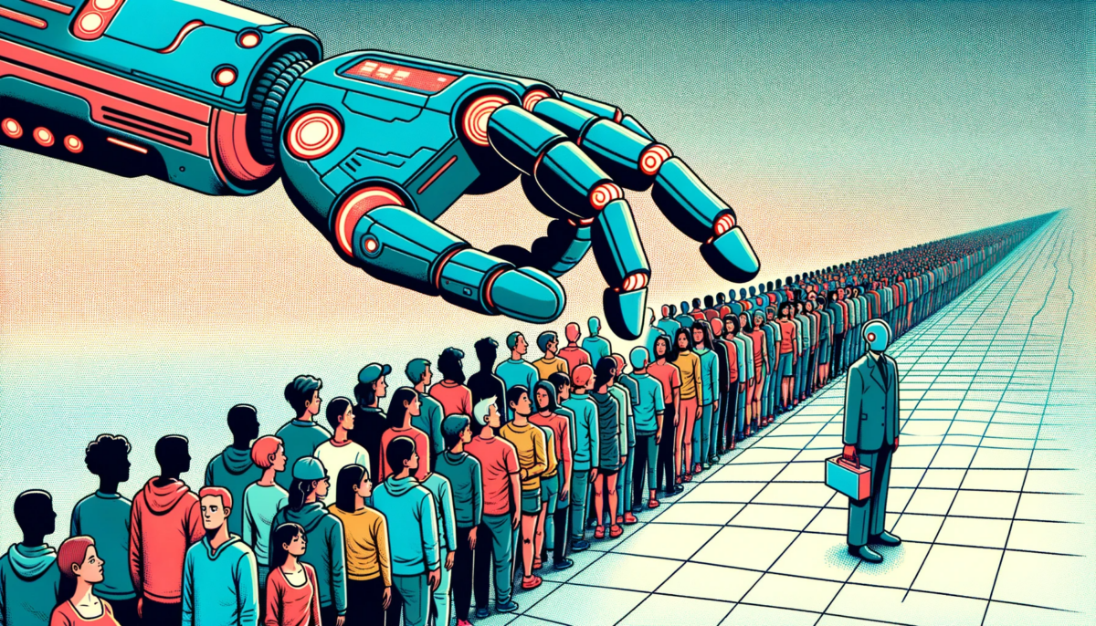 Hand-drawn, full-screen 16:9 editorial illustration. The scene shows a robot selecting individual humans from a very long row of diverse people. The robot, stylized and futuristic, extends a finger towards specific individuals, symbolizing the selection process. The humans in the row display a range of emotions from anticipation to surprise. The background is minimalistic to emphasize the interaction between the robot and the humans. The color palette is vibrant, with sharp contrasts to give a modern, digital feel.