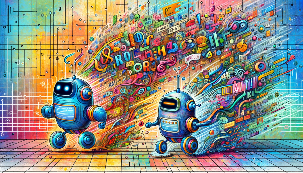 A vividly colored, hand-drawn illustration in a 16:9 aspect ratio, showcasing two large language model chatbots racing against each other. The scene is lively and full of color, emphasizing the theme of language and AI. One chatbot is depicted as a whimsical robot with elements like alphabets and script flowing around it, symbolizing its language processing capabilities. The other chatbot is more abstract, surrounded by colorful digital patterns that resemble word clouds or streams of text, representing its data processing power. The background is a vibrant mix of colors, with hand-drawn elements that include floating words, sentences, and linguistic symbols, creating a dynamic and playful atmosphere. This composition clearly conveys the idea of language models racing in a world of words and digital language.