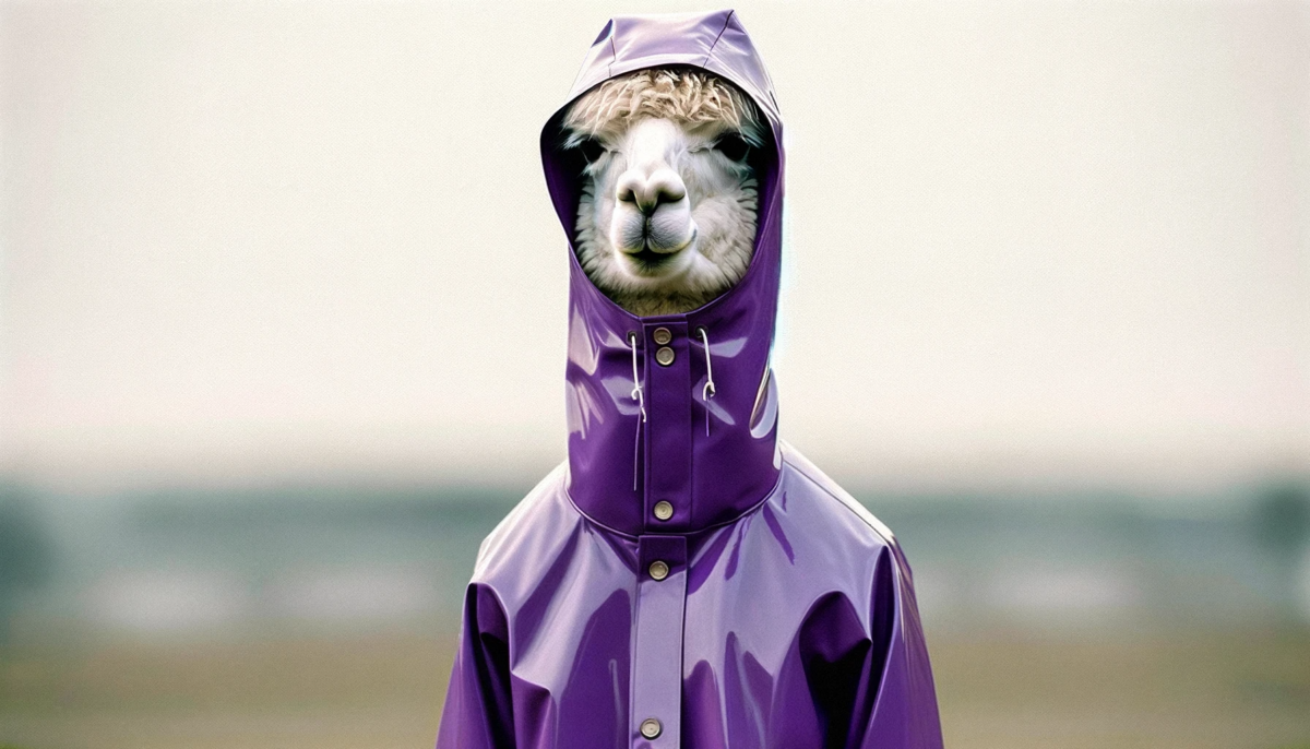 A portrait of a normal llama wearing a full-body purple raincoat. The raincoat is sleek and shiny, covering the llama from head to toe in a bright purple color. It features a hood that gently covers the llama's head and large buttons down the front. The background is a simple, outdoor setting, possibly hinting at rainy weather, enhancing the appropriateness of the raincoat. The image captures the llama standing calmly, showcasing the unique outfit in a natural, serene setting.