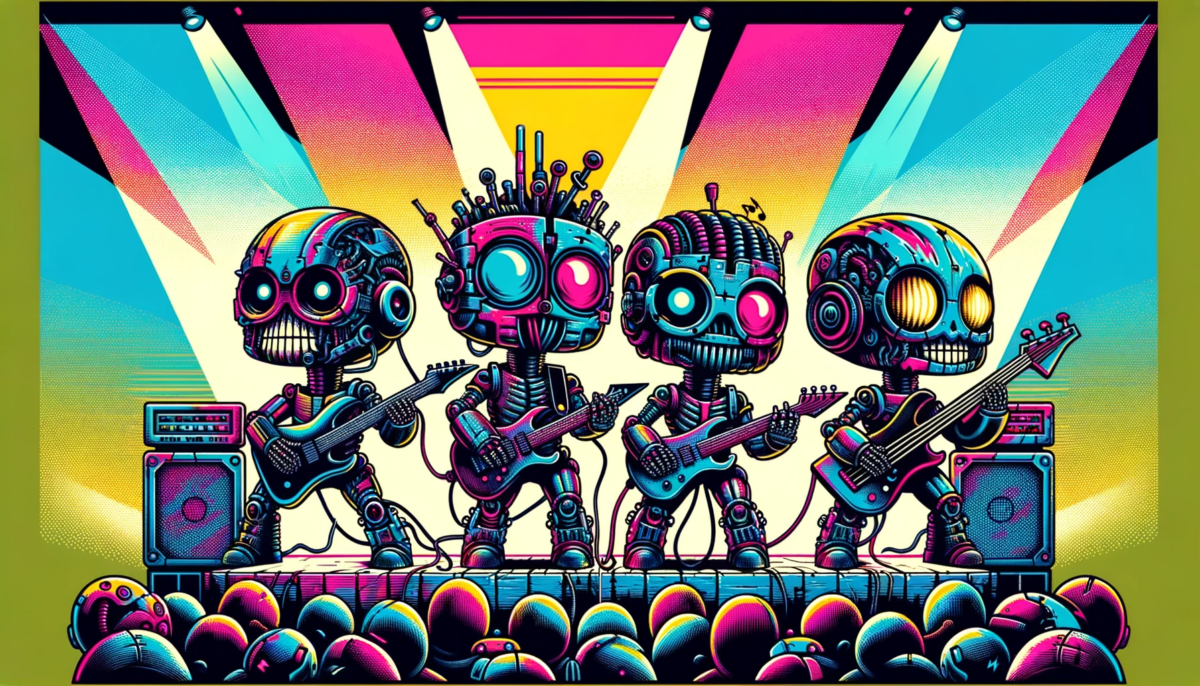 A widescreen, hand-drawn illustration, vibrant and colorful, showcasing a cute black metal band composed of distinctly robotic characters. Each robot should be clearly mechanical, featuring elements like gears, wires, and metallic textures. The robots are depicted performing energetically on stage, with vivid and dynamic lighting that enhances the metal concert vibe. The image should have a pronounced glitch effect for a visually striking and cool aesthetic, with digital distortions and a futuristic feel. Emphasize the detailed and lively setting, making the robots' whimsical nature stand out in the metal band scene.