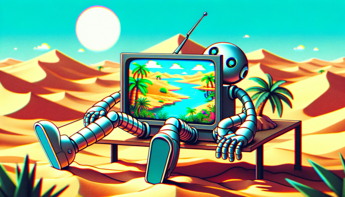 A whimsical, glitchy widescreen illustration of a robot personified as lazy and sleepy, situated in a desert environment. The robot is in full body view, sitting with its feet on the table, slumped over in a relaxed pose, with digital eyes that look tired and half-closed. In front of the robot, there's a mirage of a lush oasis, complete with palm trees, a pond, and a blue sky, indicating the robot is hallucinating in the heat. The desert background is vast and barren, with sand dunes under a scorching sun, contrasting the mirage of the oasis.