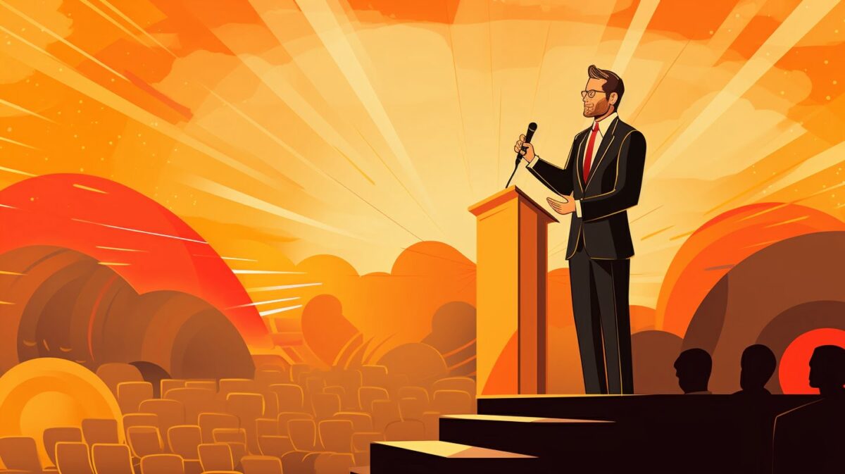 Orange AI illustration of a person in a suit on the right, standing on a podium and speaking into a microphone.
