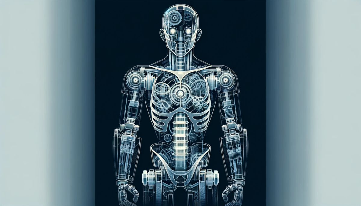 A hand-drawn, stylish but clean 16:9 illustration featuring an x-ray view of a robot. The robot should have a sleek and modern design, with clear visibility of its internal components such as gears, wires, and circuits. The x-ray effect should highlight these details, giving a technological and futuristic feel to the image. The overall tone should be sophisticated and visually appealing, with an emphasis on the intricate design of the robot's interior.