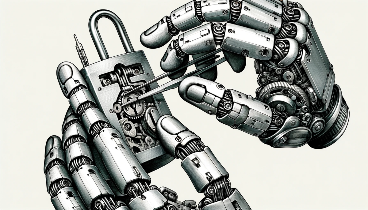 A close-up, widescreen hand-drawn editorial illustration showcasing robot hands skillfully trying to lockpick a lock. The focus is on the intricate movements of the metallic robot fingers, each equipped with various lockpicking tools, attempting to manipulate the inner workings of a traditional lock. The lock is highly detailed, showing its complex mechanism. The background is minimalistic to highlight the interaction between the robot hands and the lock. The style of the drawing is realistic with a slight touch of futurism to emphasize the advanced technology of the robot.