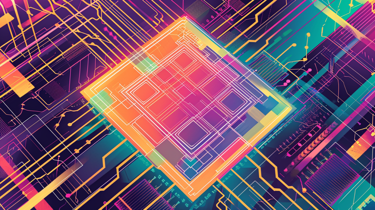 a stylized, less detailed hand-drawn illustration of a semiconductor chip. It should convey the essence of a microprocessor or integrated circuit using bold, simplified geometric shapes and lines. The colors should be more abstract and artistic, using broad strokes of purples, oranges, and greens to suggest a reflective surface without the intricate details of the actual circuitry. The overall design should be modern and minimalistic, focusing on the square shape of the chip with suggestive outlines of internal components, maintaining a 16:9 aspect ratio