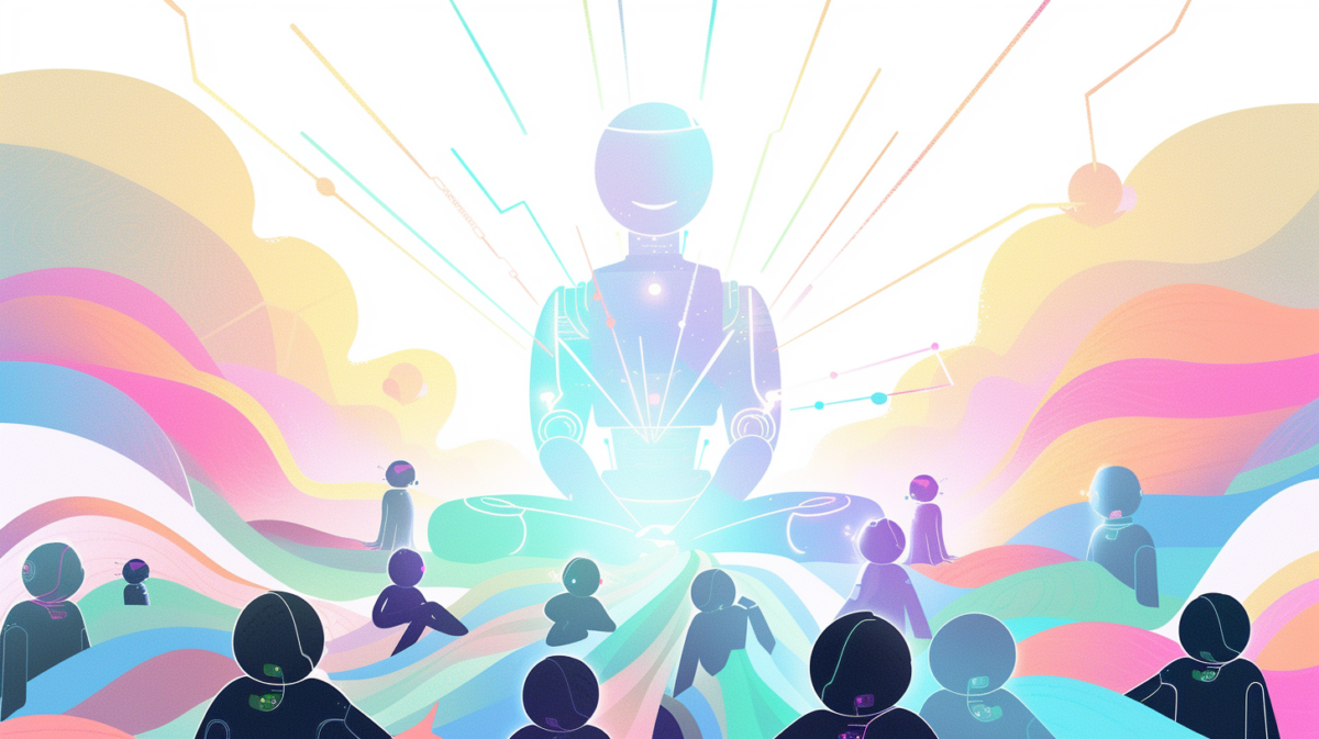 An editorial illustration in a friendly, approachable style, with a central chatbot orchestrating numerous smaller chatbots. The central chatbot is depicted in a benevolent, guiding position, with soft beams of light or gentle waves connecting it to the smaller chatbots, symbolizing harmonious guidance and coordination. The smaller chatbots are depicted in a playful, lively manner, oriented towards the central figure in admiration. The color palette is warm and welcoming, with soft blues, gentle greens, and pastel purples, set against a light, airy background to create a positive, futuristic ambiance