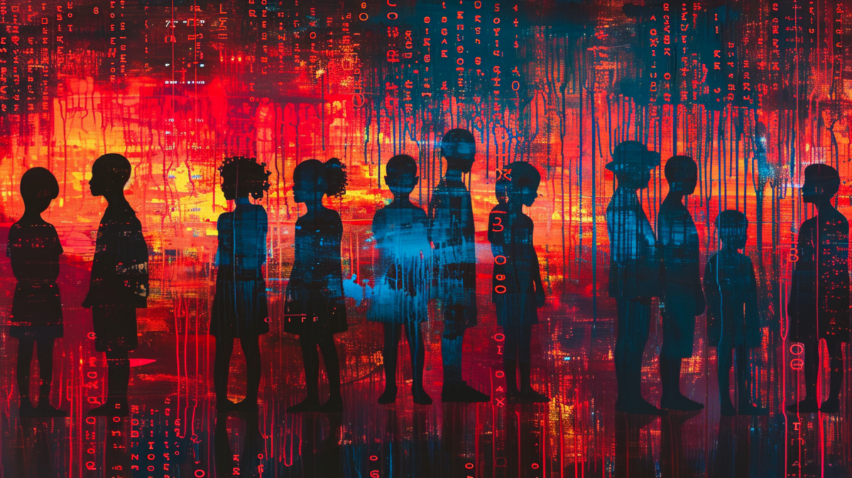 An abstract digital art piece showcasing a variety of larger silhouetted figures representing children and teenagers, depicted in a highly stylized, silhouette form. The figures are deliberately oversized and dominate the canvas, emphasizing their presence within a digital data stream. The background zooms further into the vibrant red and blue digital glitch patterns, with dense vertical streaks symbolizing streams of data and signal noise. Each figure is reduced to its most basic, recognizable shape, lacking detail but clearly suggestive of youth. Around them, digital identifiers and tags float with a subtle glow, against the reflective surface that's intricately patterned with binary code, creating a powerful visual metaphor for the digital age