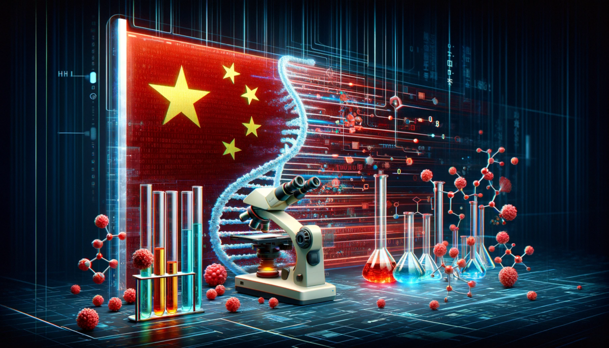 Widescreen photo of an advanced digital data stream, subtly incorporating the Chinese flag, with its red field and five golden stars. Alongside the flag, integrate typical scientific elements like a microscope, test tubes, and molecular structures, all rendered with a digital aesthetic. These elements should be blended into the stream of binary code and technological patterns, creating a cohesive high-tech image that symbolizes the fusion of national identity and scientific advancement. The colors of the flag and the scientific instruments are adjusted to match the overall color scheme, contributing to a sophisticated digital environment.