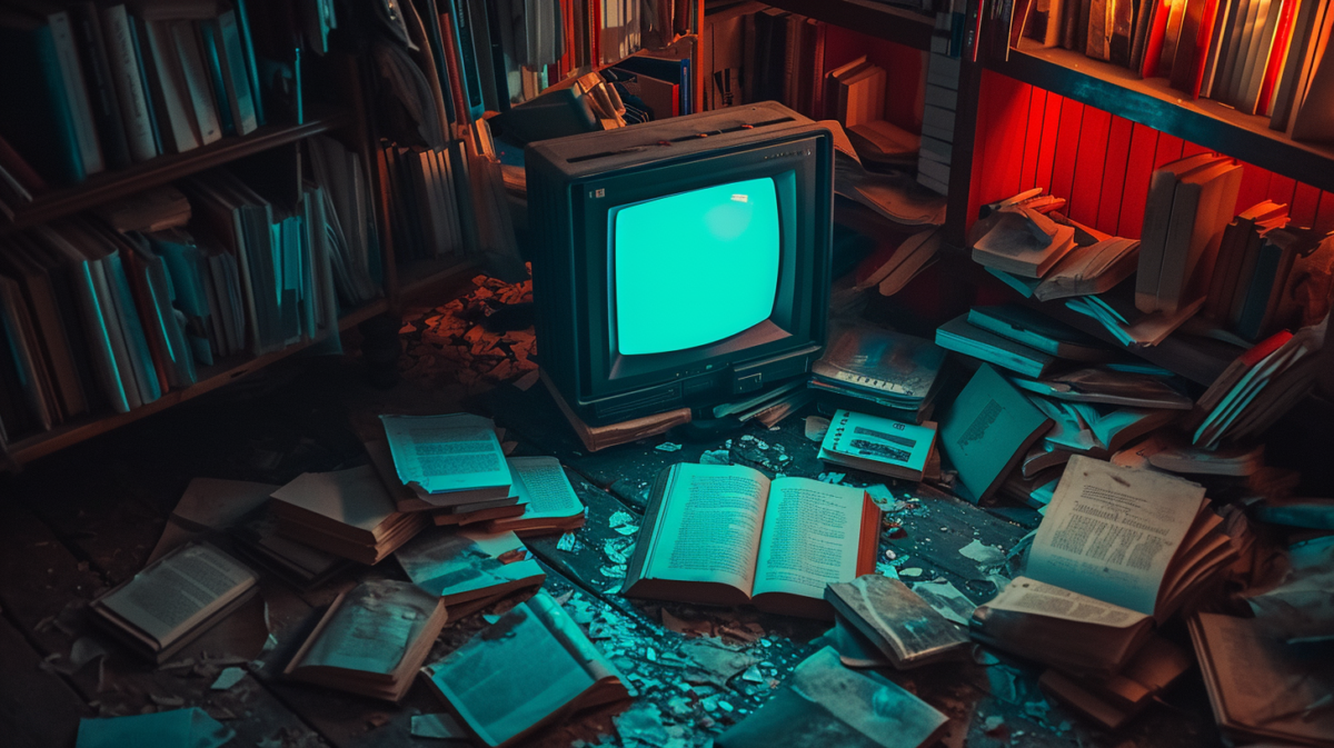 a dslr photo of books scattered around the floor with an old glowing crt computer monitor standing in the middle, AI generated art