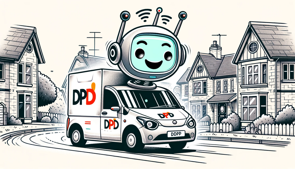 A hand-drawn illustration in a 16:9 ratio, featuring a whimsical scene where a chatbot character is riding on top of the roof of a DPD delivery car. The chatbot is depicted as a friendly and cartoonish figure, with a screen displaying a smiling face, and antenna on its head, cheerfully enjoying the ride. The DPD delivery car is designed accurately with the company's color scheme and logos, driving through a suburban street with houses and trees on the sides.