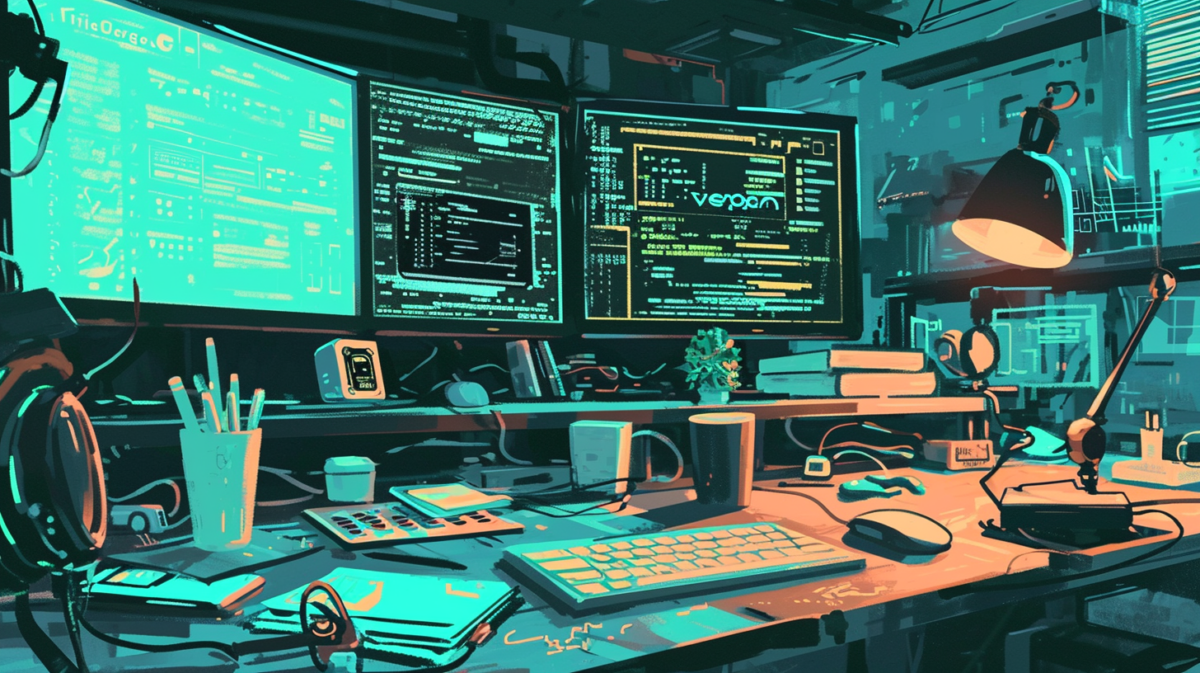 Hand-drawn, widescreen full-screen 16:9 editorial illustration of MINT studies with a very glitchy and technical code vibe