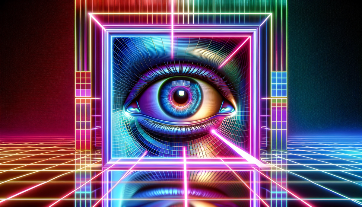 A widescreen digital artwork with a cyber-inspired theme and neon colors. The central focus is on a human eye gazing at a separate image within the artwork. This image is subtly communicating data back to the eye, an interaction unnoticed by the human brain. The eye should be distinct and separate from the image it is viewing. The artwork has a glossy, neon-lit finish, creating a vibrant and three-dimensional effect. The background is a grid of colorful pixels, merging retro digital display styles with a modern twist. The design features smooth, clean lines and polished surfaces for a contemporary digital aesthetic.