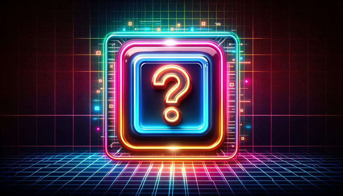 A widescreen digital artwork blending neon colors with a cyber-inspired theme. In the center, feature a prominent icon for an image.jpg with a glossy finish, illuminated under neon light for a vibrant, three-dimensional look. A question mark hovers above the icon. The background should mimic a grid of colorful pixels, resembling a retro digital display with a modern twist. Emphasize smooth, clean lines and polished surfaces for a contemporary digital graphic design aesthetic.