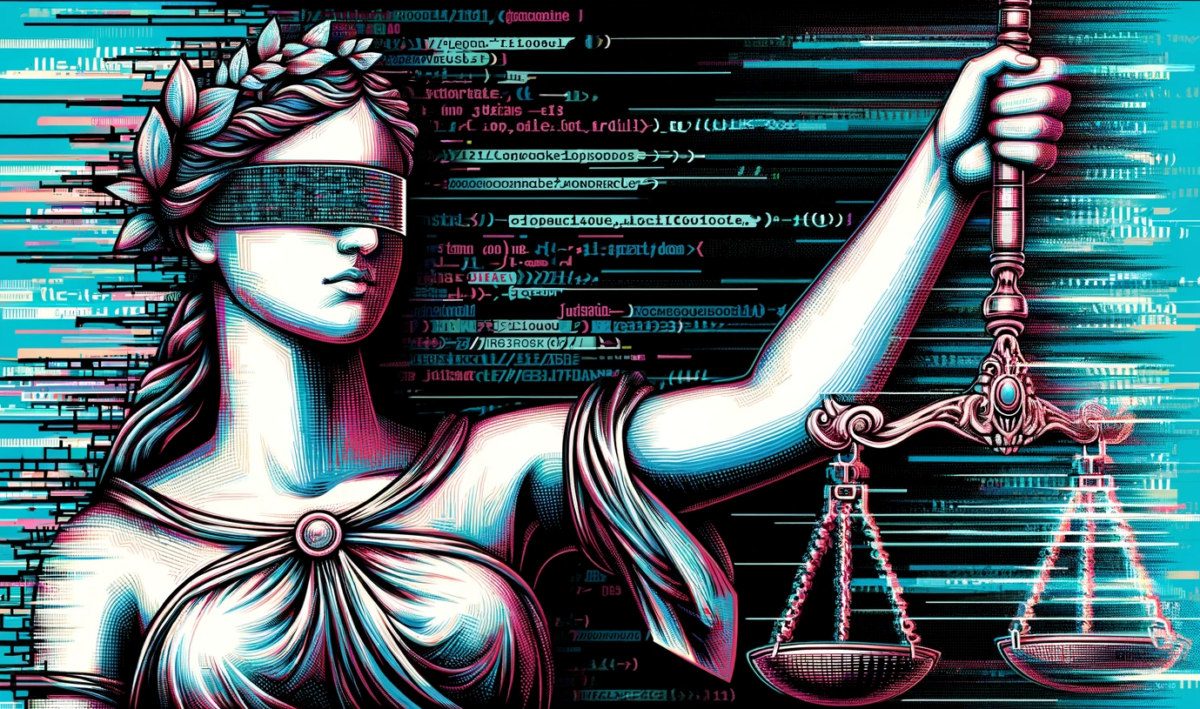 A full-screen widescreen hand-drawn illustration of Justizia, the personification of justice, entirely made of code. This unique depiction shows Justizia composed of intricate, glowing lines of code, symbolizing her creation by an artificial neural network. The style is distinctively glitchy, adding a modern, digital twist to the classical figure. She is set against a backdrop filled with flowing streams of code, further emphasizing the digital theme. The entire scene embodies a fusion of justice and advanced technology, rendered in a 16:9 aspect ratio.
