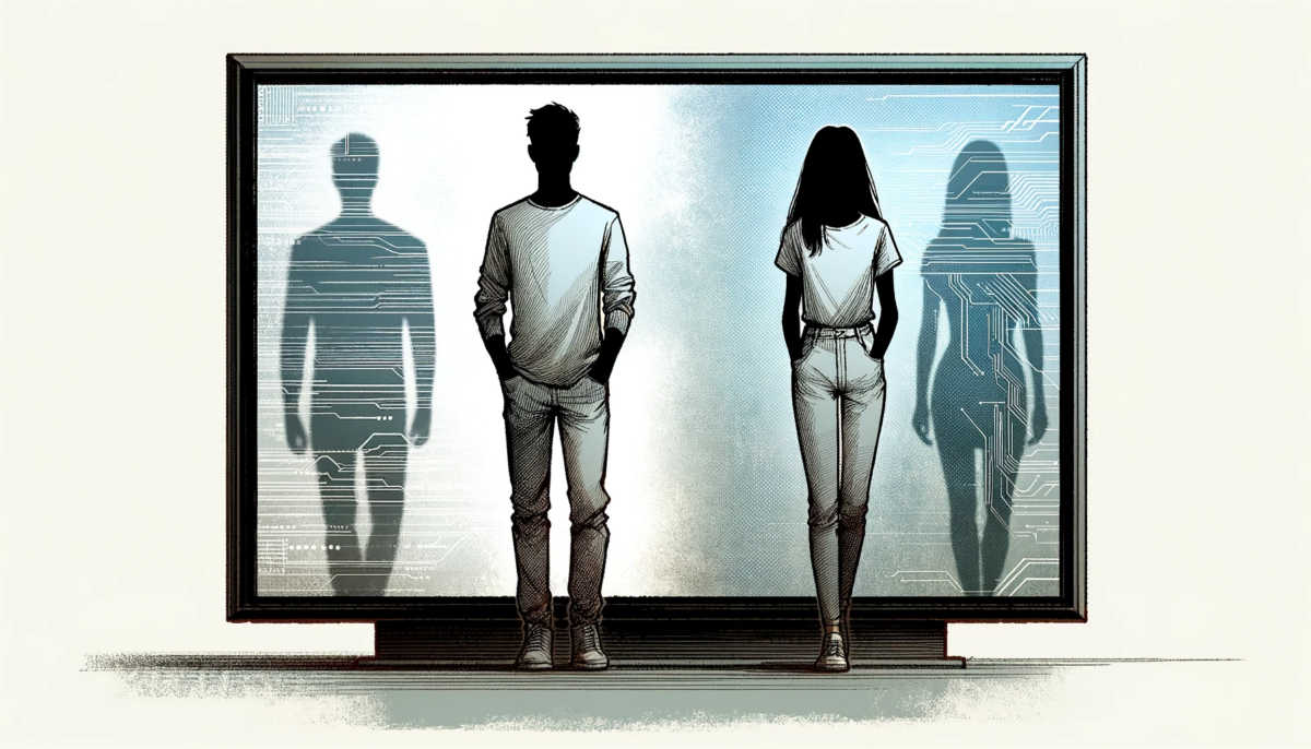A hand-drawn, full-screen 16:9 illustration featuring only two silhouettes, one male and one female, standing side by side. The background is kept plain and simple, without complex digital patterns, to focus on the silhouettes. This simplistic approach emphasizes the contrast between the human figures and the subtle hints of technology in the background. The illustration style is hand-drawn and artistic, providing a personal and human touch to the depiction. The color palette is minimal, using shades of grey and soft blues to maintain a calm and uncluttered visual experience.