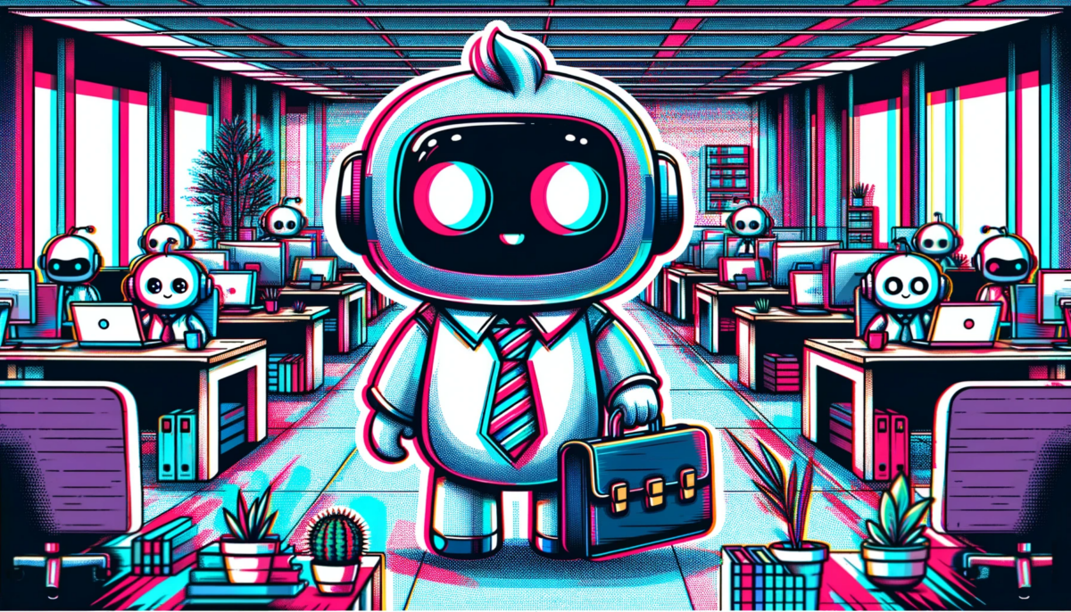 A hand-drawn, 16:9 widescreen illustration of a cute robot wearing a tie and holding a briefcase, with a strong glitch vibe and a touch of weirdness. In the background, there's a glitchy open-plan office setting filled with more working robots, each also exhibiting glitch effects and wearing ties. These robots are engaged in various office activities, adding to the dynamic scene. The office environment is modern and stylish, yet distorted with digital glitch aesthetics, featuring vibrant glitch colors and pixelated textures. This creates a surreal and futuristic atmosphere, where technology and workplace merge in a visually striking way.