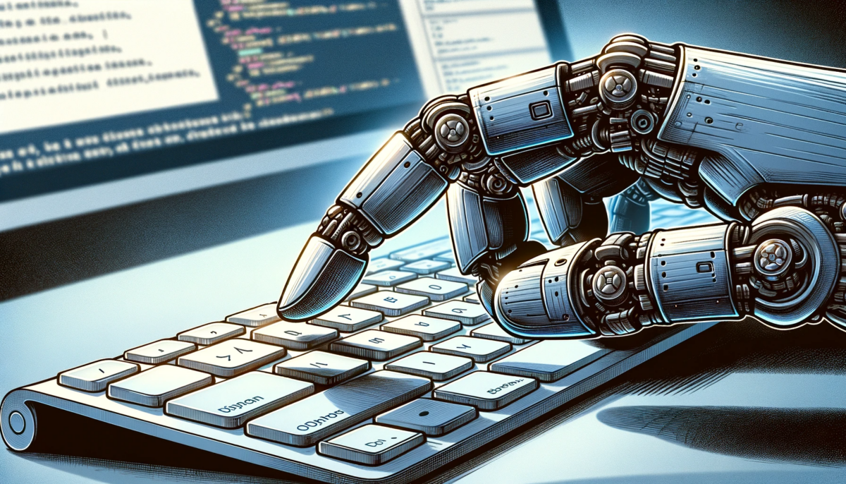 A hand-drawn editorial illustration in a 16:9 format, featuring a close-up view of a robot's finger typing on a PC keyboard. The robot finger should be metallic and sleek, with intricate mechanical details visible. The keyboard is modern and backlit, with each key clearly defined. The setting is a work environment with a bit of the computer screen visible in the background, showing a glimpse of a code editor or text document. The overall tone of the illustration is sophisticated and tech-focused, with a hint of futurism.