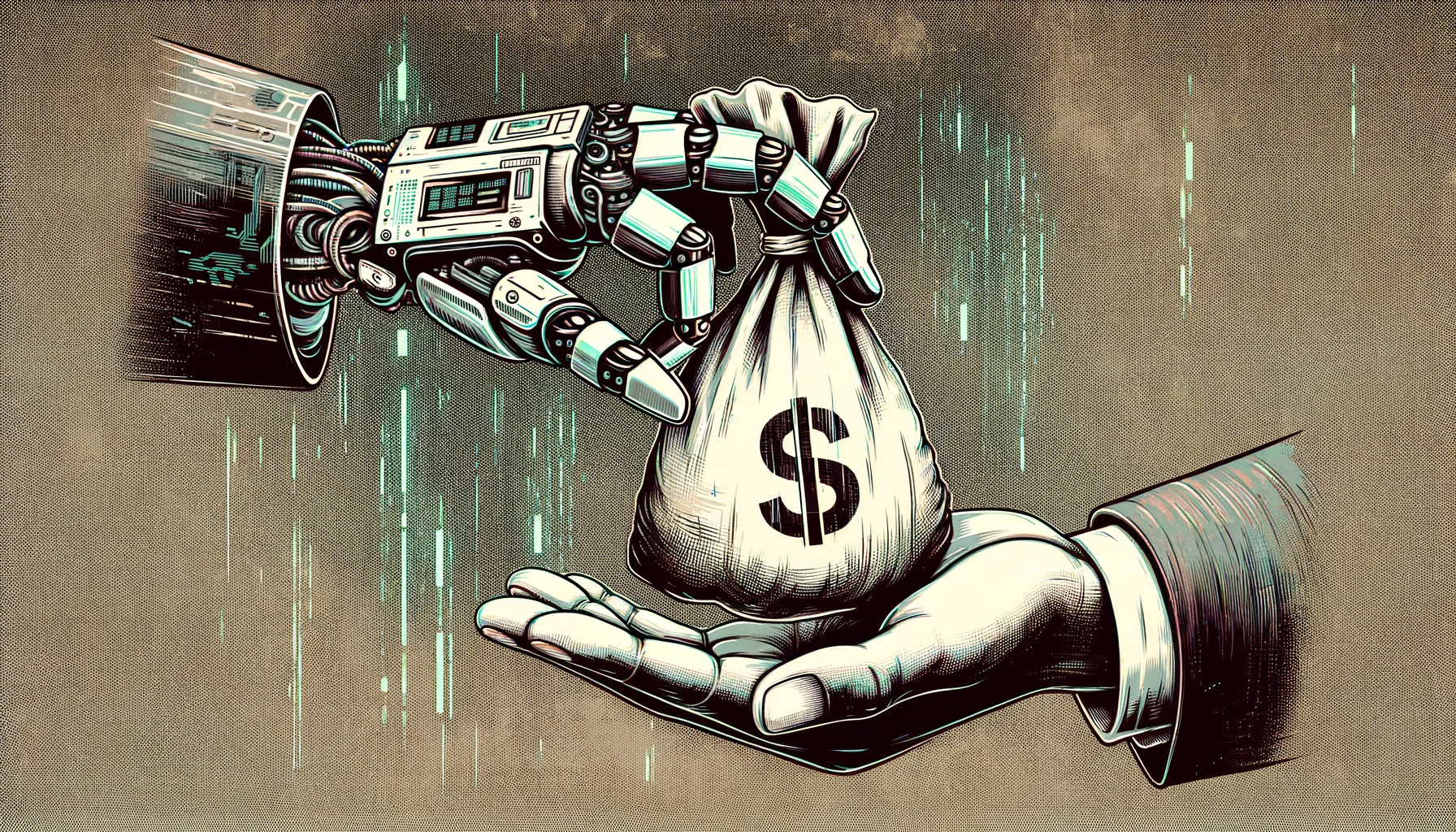 A hand-drawn editorial illustration in 16:9 aspect ratio, featuring a close-up view of a robot hand offering a bag of money to a human hand, enhanced with a glitch art style. The robot hand is sleek, metallic, and futuristic, with visible glitch effects like digital distortion and pixelation. The human hand appears realistic, reaching out to accept the old-fashioned money bag, which has a prominent dollar sign, symbolizing a secretive financial exchange. The background is subtly infused with digital glitches to complement the futuristic and mysterious vibe of the scene.