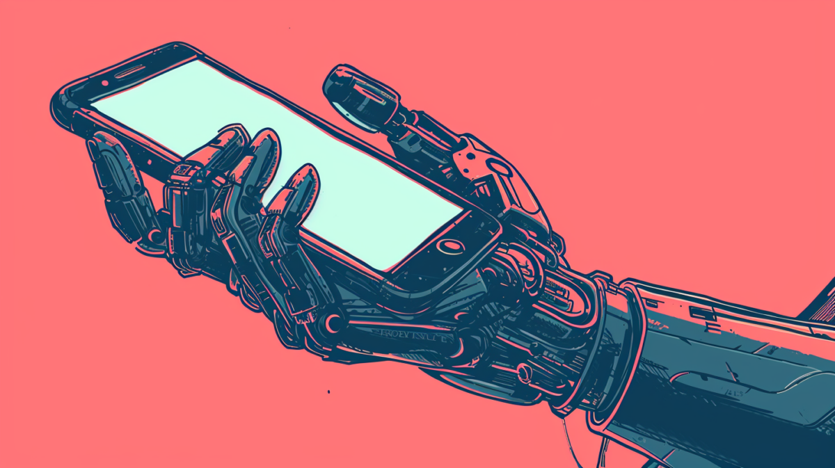 A hand-drawn editorial style illustration in a 16:9 aspect ratio, depicting a close-up of a robotic hand holding a smartphone. The illustration should extend to fill the entire 16:9 frame, with no borders on the left and right sides. The style should convey a glitch aesthetic vibe, focusing on the intricate details of the robotic hand. The smartphone's screen should be blank, not showing any image, emphasizing the contrast between the advanced robotic hand and the inert smartphone