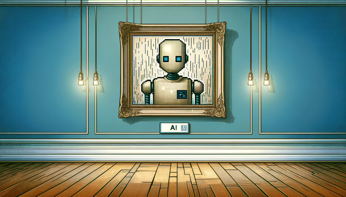 Hand-drawn illustration in a widescreen format of a museum setting featuring an AI-generated image of a pixelated robot hanging on a wall. The robot should be distinctly digital and pixelated, suggesting a connection to computer technology and artificial intelligence. The museum setting includes classic elements like polished floors, subtle lighting, and a sophisticated ambiance. Below the framed image of the robot, there is a nameplate that clearly reads "AI". This scene combines the themes of traditional art with modern digital technology, creating a thought-provoking juxtaposition.
