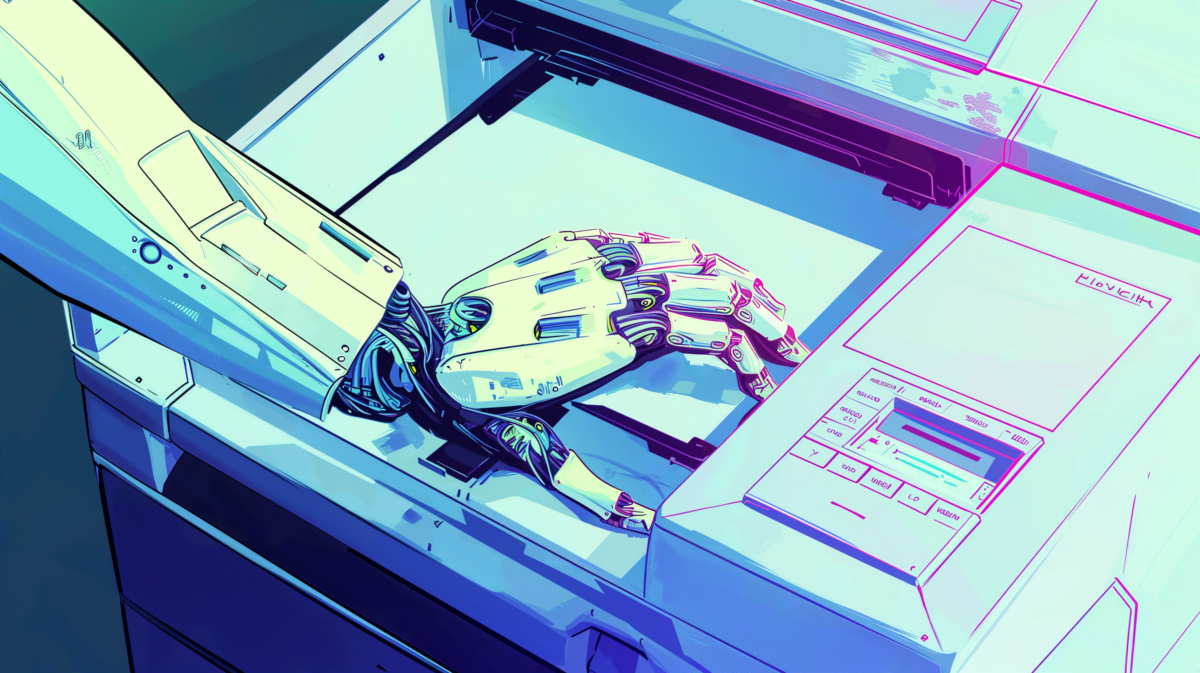 A widescreen 16:9 hand-drawn editorial illustration of robot hands putting paper into a photocopier, in a glitch style with chromatic aberration. The focus is on the detailed mechanical fingers of the robotic hands interacting with the futuristic photocopier. The copier is depicted with a digital error, glitch aesthetic, where the colors are slightly offset, creating a surreal, malfunctioning technology look. The illustration fills the entire frame with no borders, capturing a modern, technological scene with an artistic twist