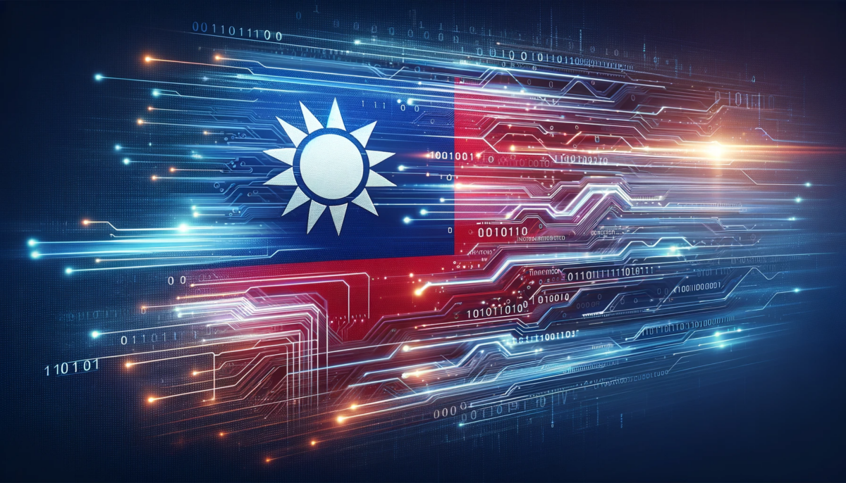 Create a widescreen image that features an advanced digital data stream, subtly incorporating the Taiwanese flag. The flag's elements, including the white sun with twelve triangular rays on a blue field and the red field portion, should be elegantly interlaced within the binary code, digital circuitry, and dynamic streams of data. The overall composition should present a modern and technological feel, with the flag's design merging smoothly into the digital canvas, symbolizing Taiwan's connection to innovation and digital progress.