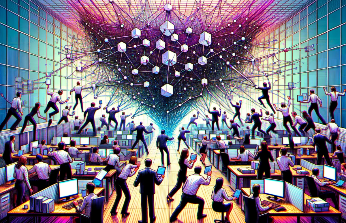 A widescreen, editorial, hand-drawn illustration showcasing a large group of white-collar workers of various descents and genders actively fighting against a digital neural network. The neural network is abstractly represented by nodes and connecting weights, creating a complex web-like structure that seems to be encroaching upon the office space. The workers, in their business attire, are depicted as if in a strategic battle, using computers and digital tools to counteract the neural network's advance. The scene is set in a modern office environment, symbolizing the clash between corporate strategy and invasive technology. The illustration is stylized with a pronounced glitch effect and vibrant chromatic aberration, giving it a surreal, high-energy, and dynamic vibe, emphasizing the intense cyber struggle.
