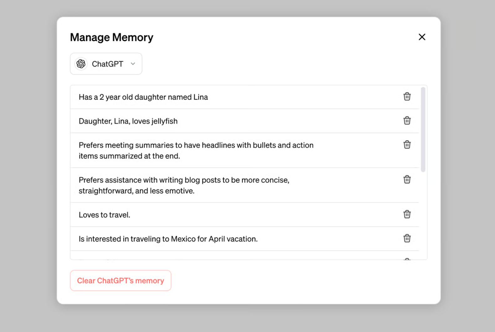 Screenshot der Memory-Funktion von ChatGPT.