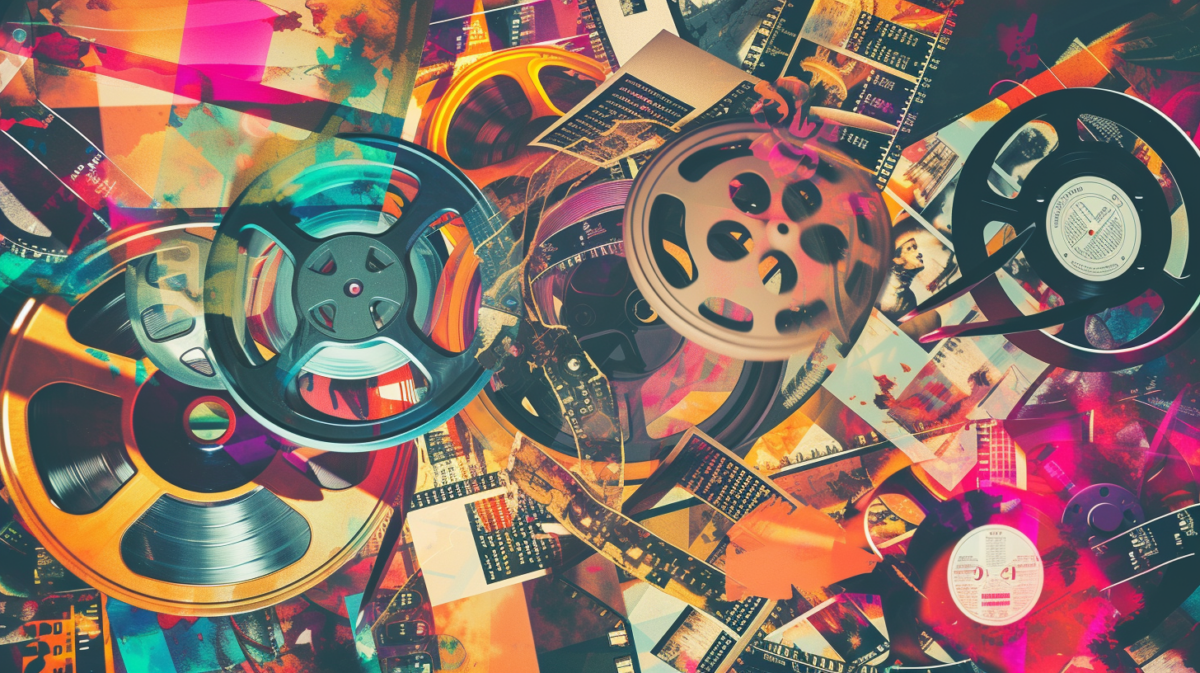 A 16:9 image showcasing a glitch aesthetic wild collection of symbolic motifs from the film, music, and gaming industries. The image should have a vibrant, chaotic composition with elements like film reels, musical notes, vinyl records, game controllers, and iconic symbols associated with movies, music, and video games. The elements should be arranged in a dynamic, overlapping manner, embodying a sense of movement and energy. The background should have a digital, glitchy texture, featuring bright, contrasting colors to enhance the wild, energetic theme of the collection.