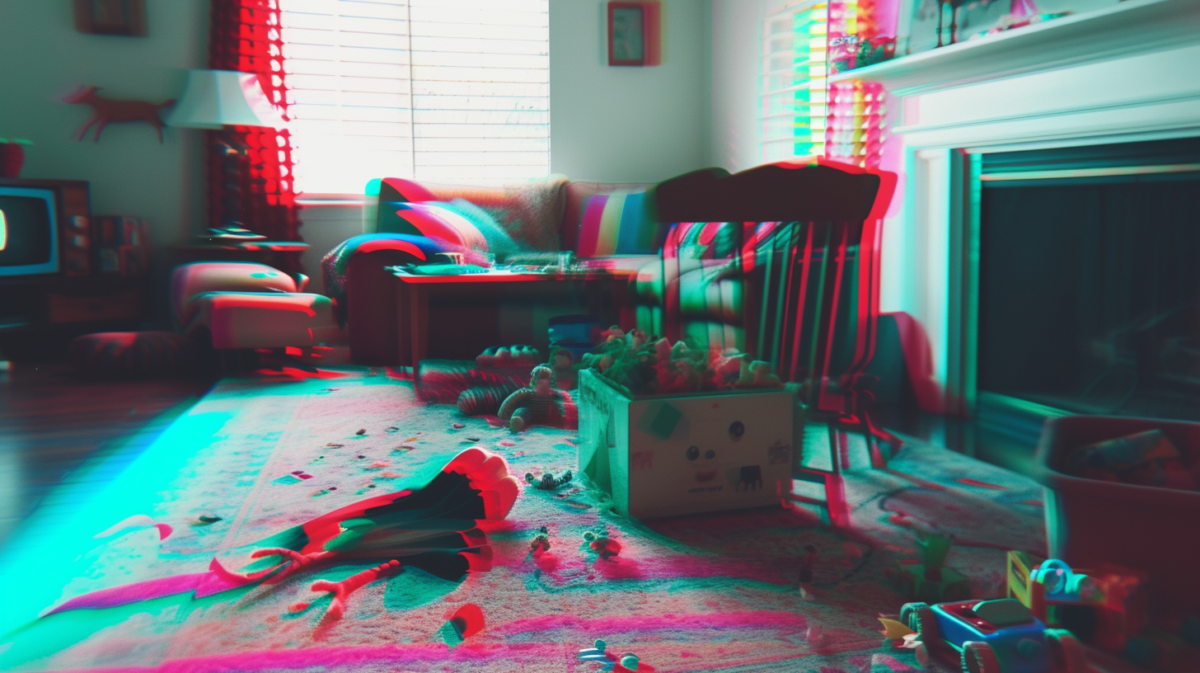 a messy living room with children's toys, as seen through the video camera eyes of a small robot in a computer vision glitch style