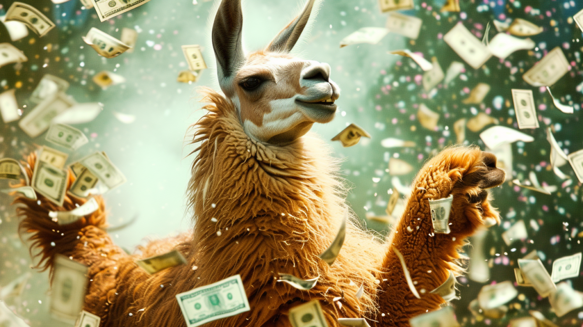 a llama dancing in money, illustration