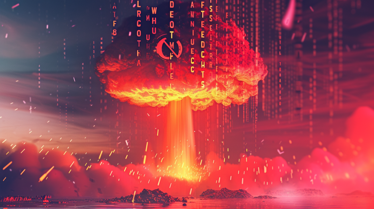 a detailed and intense 16:9 illustration that combines the letters of the English alphabet in military camouflage with a glitch aesthetic, scattered across the scene. Incorporate a prominent atomic symbol and a dramatic depiction of a nuclear strike, with a mushroom cloud in the background. The letters should be easily recognizable and cover the entire scene, reflecting the chaos and impact of a nuclear event. The composition should be dynamic and filled with action, representing the destructive power of nuclear warfare in a visually striking manner.