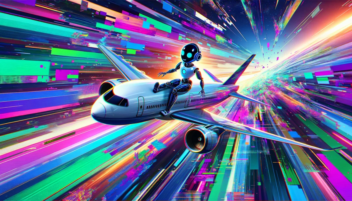 A chatbot character, depicted with a distinctly digital appearance, riding on the wing of a plane mid-flight. The scene is rendered in a vibrant glitch style, emphasizing a dynamic and abstract interpretation of digital distortion. The plane, sleek and modern in design, cuts through a sky filled with digital artifacts, error patterns, and a spectrum of glitch effects in vivid colors like electric blues, neon greens, and splashes of purple and pink. This digital chaos symbolizes the intersection of technology and adventure, set against a backdrop that blends the real with the surreal. The image is created in a 16:9 aspect ratio, providing a wide cinematic view of the chatbot's exhilarating journey through a cybernetically enhanced sky.