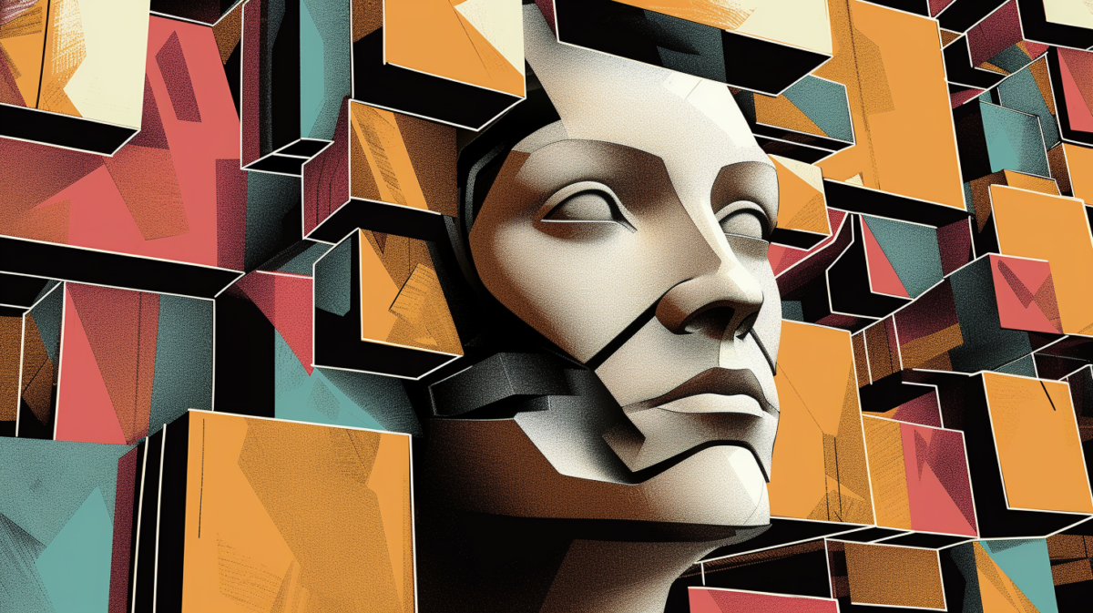 An editorial-style, hand-drawn modern illustration depicting a robotic face is seamlessly integrated into a background of three-dimensional geometric shapes. The illustration is sophisticated and thought-provoking, with the robotic face depicted realistically, yet subtly altered to suggest duplication and artificiality. The background is elegant and minimalist, focusing the viewer's attention on the robotic face is seamlessly integrated into a background of three-dimensional geometric shapes. The style is sophisticated and professional, suitable for an editorial context.